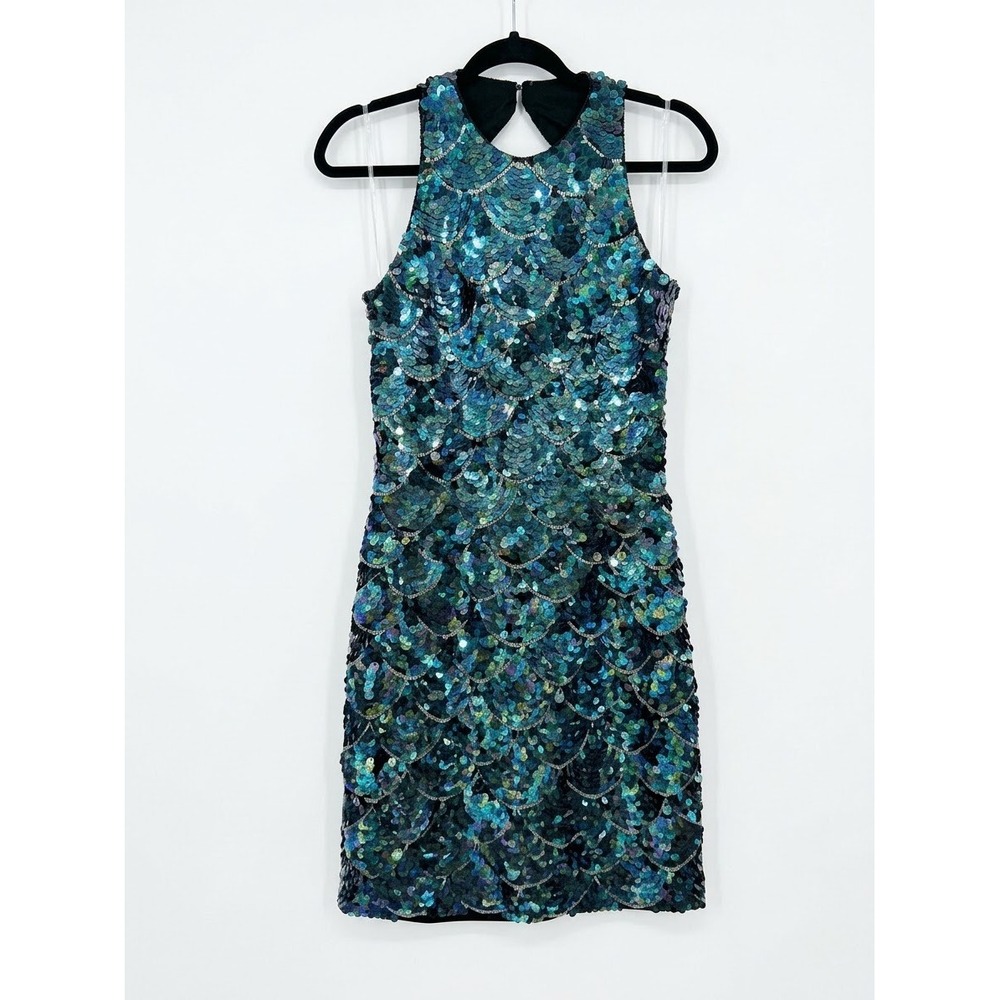 Vintage Y2K Nadine Iridescent Teal Sequin Mermaid Scale Mini Dress M Open Back